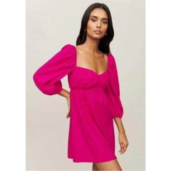 Reformation Dress Farley Babydoll Mini Long Sleeve In Corvette Pink